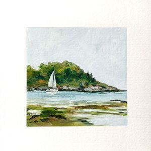 8x8 Maine Original Oil Painting Seascape New England Sailboat Coastal Art Signed